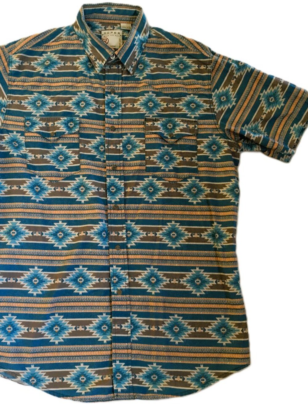 Roper Western Shirt Aztec Southwest Design Snap Front Pockets Cotton Mens L